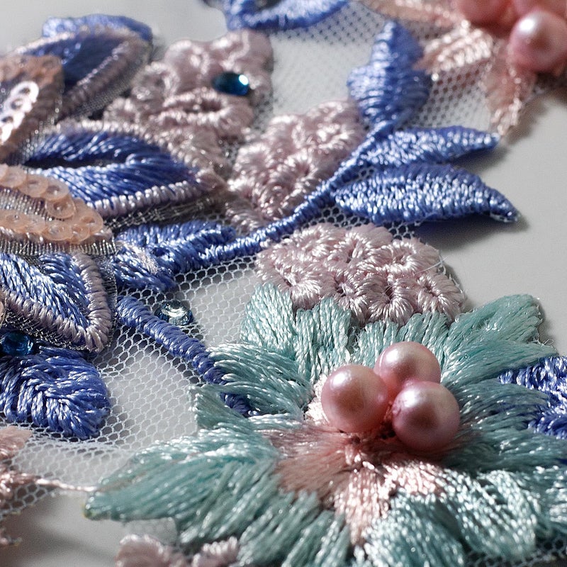 Silvora 3D Embroidered Flower Fabric Beaded Pearl Lace Applique, Handmade Sewing Tool for DIY Wedding Bridal Dress Floral Costume Patch Decor(Blue) - Image 3